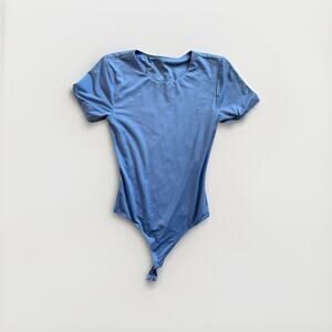 Contique Blue Ribbed Bodysuit Women’s Small Petite Short Sleeve Snap Closure